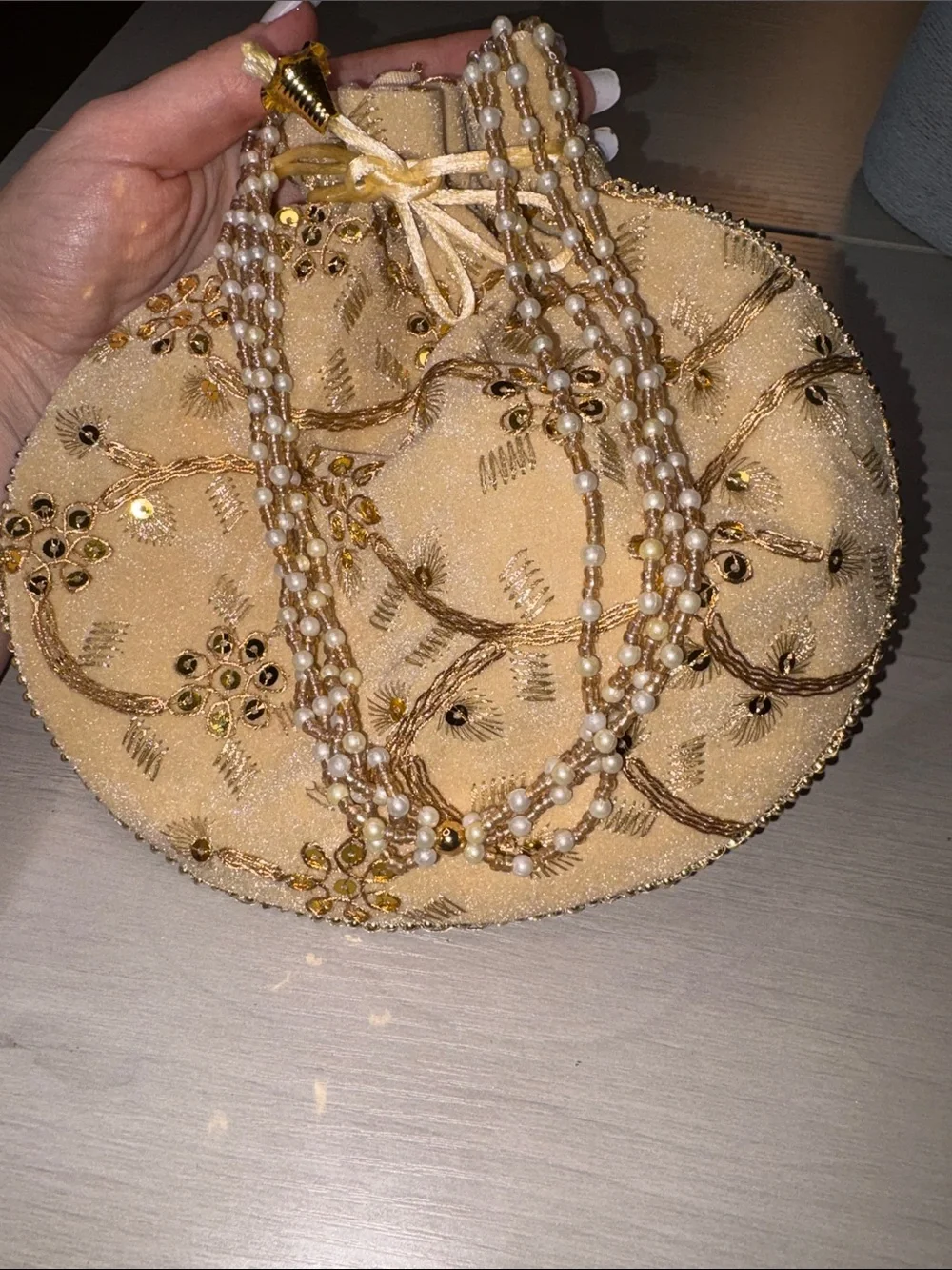Hand made Embroidered Gold Drawstring Pouch‎
